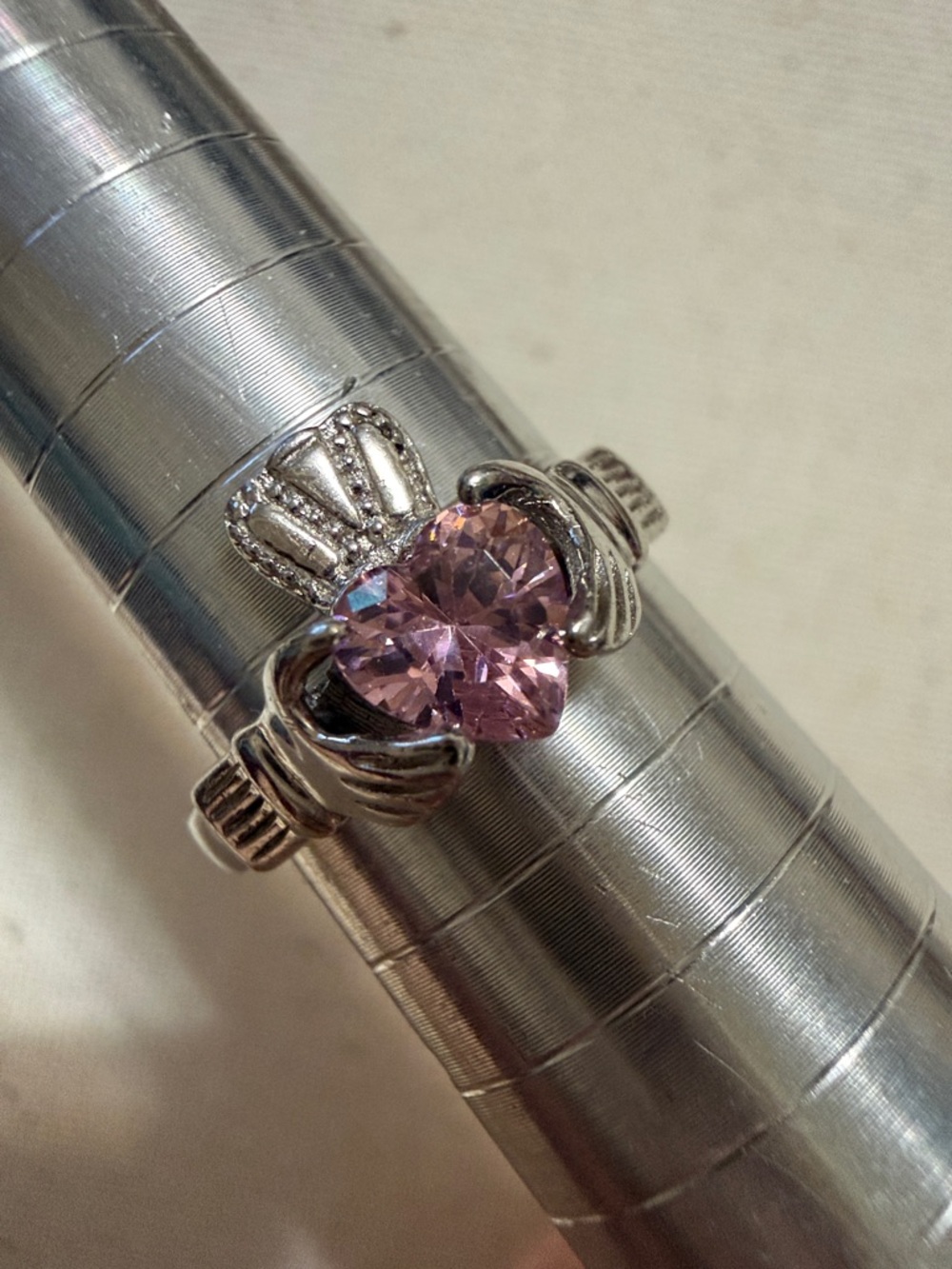 Sterling Silver 925 Heart Claddagh Ring W/ Pink Stone size 7